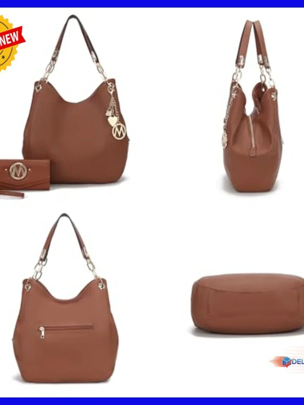Large Vegan Leather Hobo Bag with Wristlet, 3 Compartments, 11